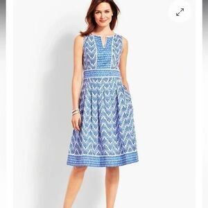 NWT Talbots Geo Mixed Print Blue and White Cotton Dress Size 10 Fit and Flare